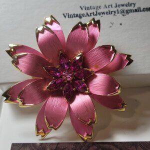 RARE Pink Flower Brooch with Amazing Marquee Center Crystals Antique Statement
